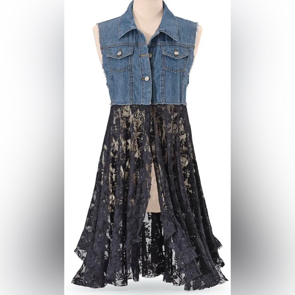 Origami Jackets & Blazers - ORIGAMI Denim Vest Black Lace Bottom Boho Western Layering Piece Plus Size